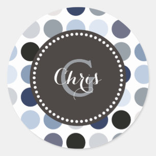 Sticker Rond monogramme moderne de motif de pois de gris bleu