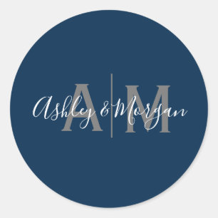 Sticker Rond Monogramme moderne gris et bleu de couple