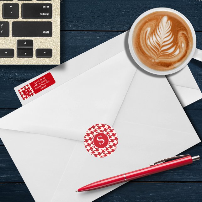 Sticker Rond Monogramme moderne Houndstooth Cherry Rouge & Blan (Créateur téléchargé)