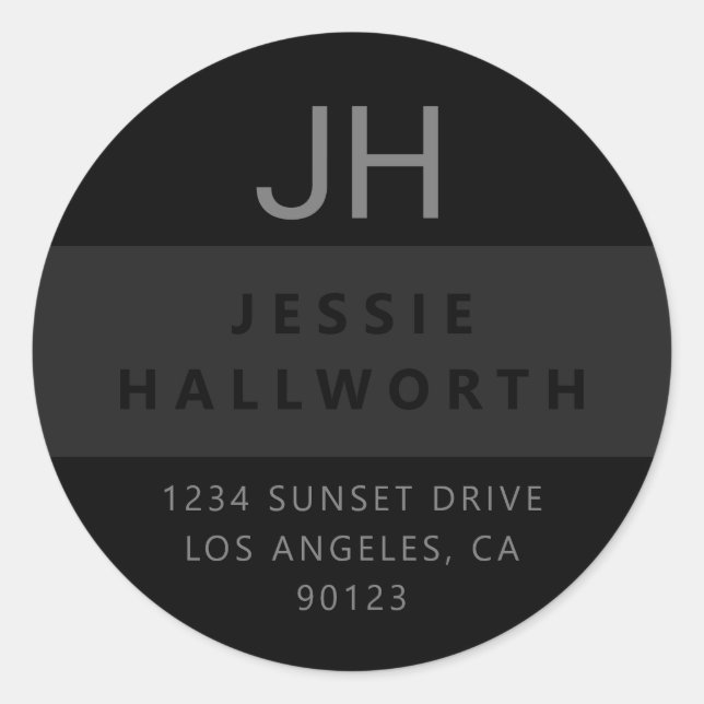 Sticker Rond Monogramme moderne noir et gris (Devant)