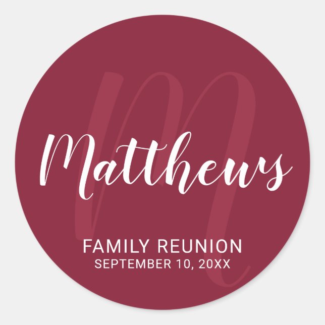 Sticker Rond Monogramme moderne personnalisé et nom de famille (Devant)