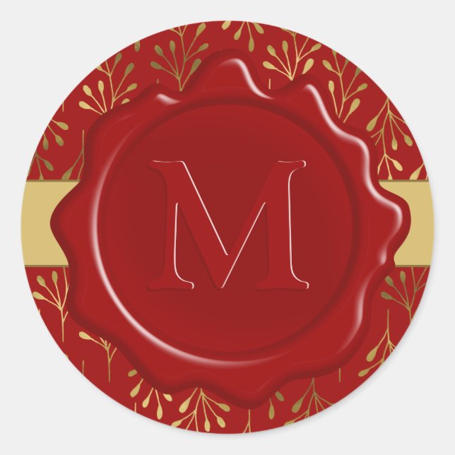 Sticker Rond Monogramme moderne Sceau de cire rouge Motif feuil (Devant)