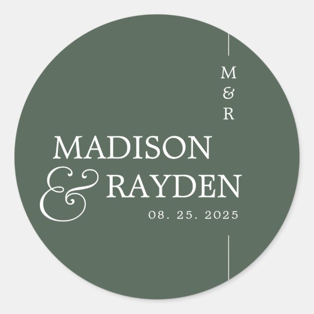 Sticker Rond Monogramme moderne vert foncé Chic Mariage Merci (Devant)