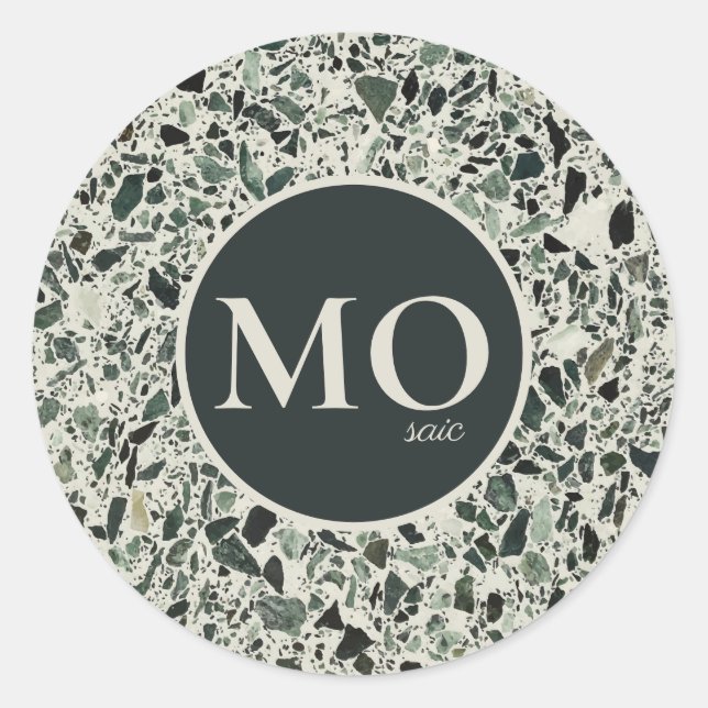 Sticker Rond Monogramme Moderne Vert Terrazzo (Devant)