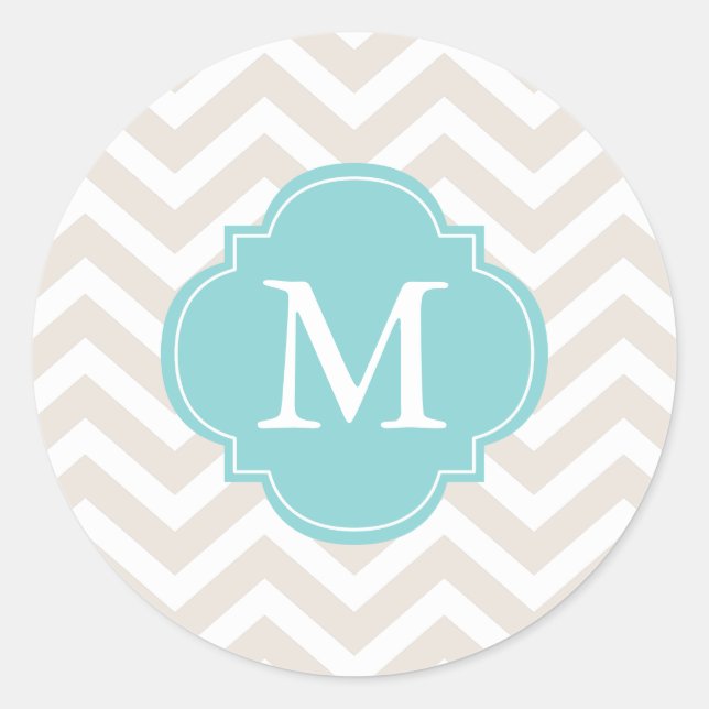 Sticker Rond Monogramme Motif Beige & Mint Zigzags (Devant)