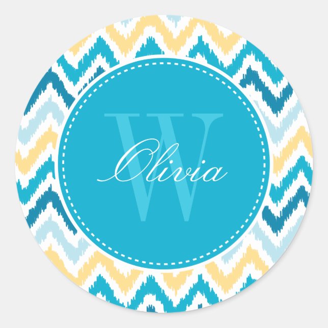 Sticker Rond Monogramme Motif bleu Jaune Zigzag Ikat (Devant)