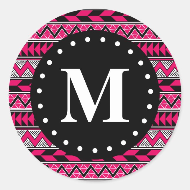 Sticker Rond Monogramme Motif Chevron Tribal Rose Hot (Devant)