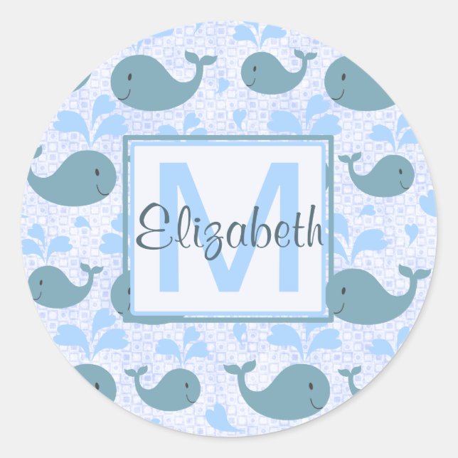 Sticker Rond Monogramme Motif de baleines bleues mignonnes (Devant)