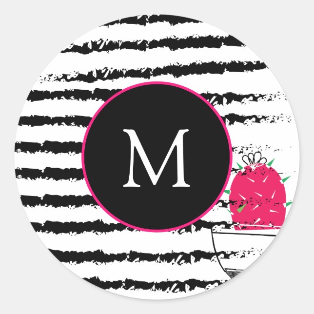 Sticker Rond Monogramme motif de cactus roses (Devant)