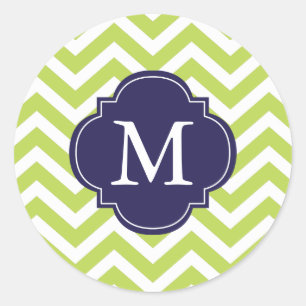 Sticker Rond Monogramme Motif de Zigzags Vert et Bleu