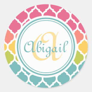 Sticker Rond Monogramme Motif en treillis marocain rose bleu ro