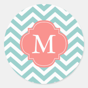 Sticker Rond Monogramme Motif Mint & Coral Zigzags