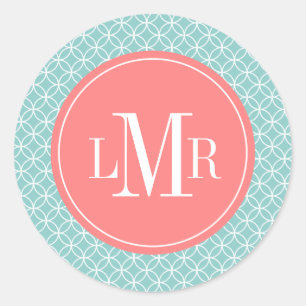 Sticker Rond Monogramme Motif Ocean Blue et Pink Circles