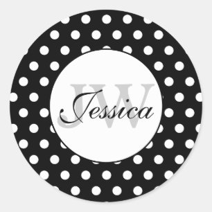 Sticker Rond Monogramme motif pois noir et blanc tendance
