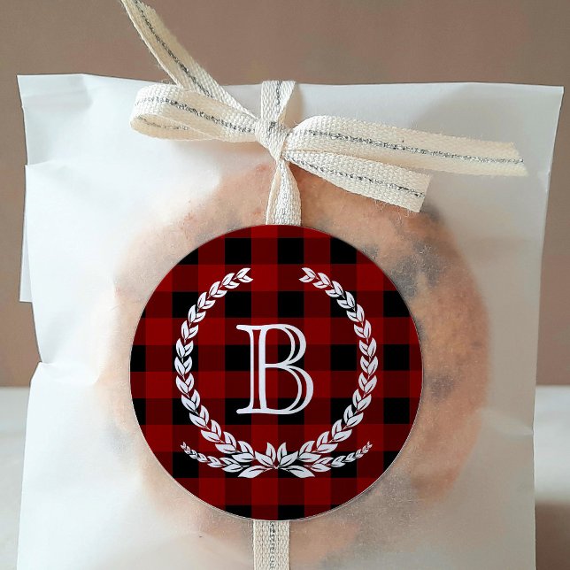Sticker Rond Monogramme Motif Red Buffalo Check (Créateur téléchargé)
