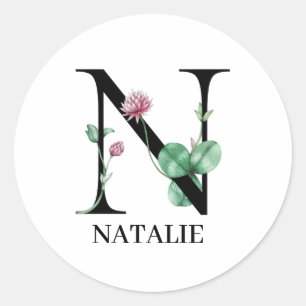 Sticker Rond Monogramme N Alphabet Floral Personnalisé