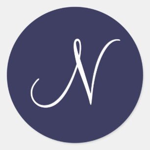 Sticker Rond Monogramme N, blanc sur bleu marine,