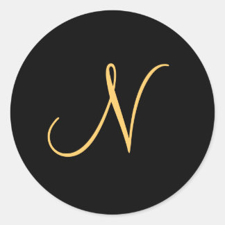 Sticker Rond Monogramme N, N initial de couleur or sur le noir,