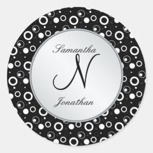Sticker Rond Monogramme "N" noir blanc bulles cercles Mariage