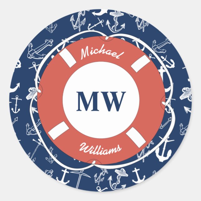 Sticker Rond Monogramme nautique Ancre bleu marine Motif (Devant)
