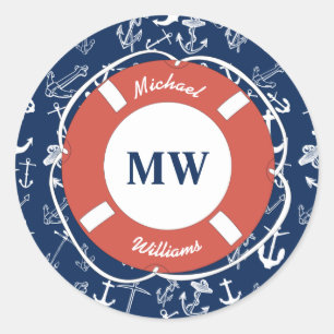 Sticker Rond Monogramme nautique Ancre bleu marine Motif