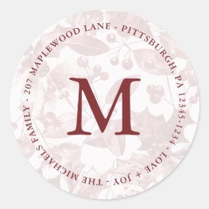 Sticker Rond Monogramme Noël Motif botanique rouge Adresse