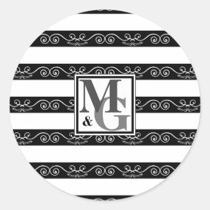 Sticker Rond Monogramme noir blanc rayé