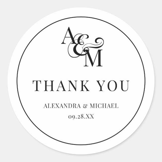 Sticker Rond Monogramme Noir Blanc Simple Élégant Merci (Devant)