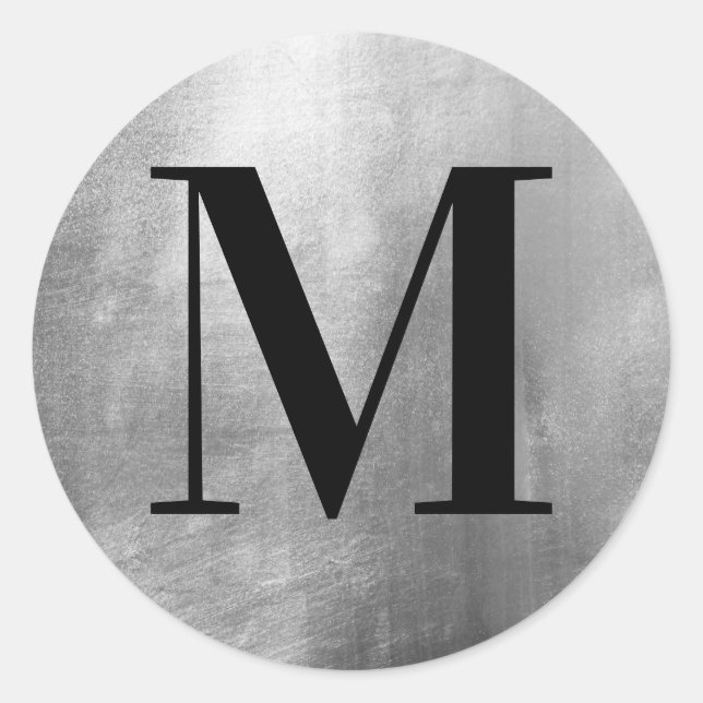 Sticker Rond Monogramme Noir Classique sur Faux Feuille d'Argen (Devant)
