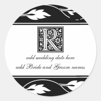 Sticker Rond Monogramme noir et blanc à feuilles R