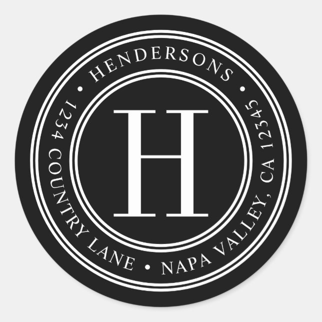 Sticker Rond Monogramme noir et blanc Élégant Adresse de retour (Devant)