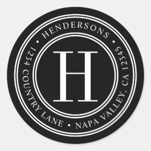Sticker Rond Monogramme noir et blanc Élégant Adresse de retour
