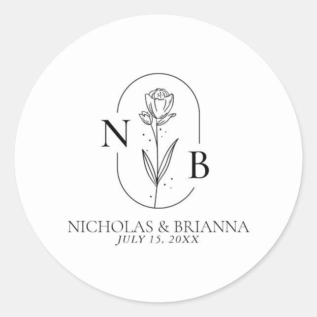 Sticker Rond Monogramme noir et blanc minimaliste Mariage moder (Devant)