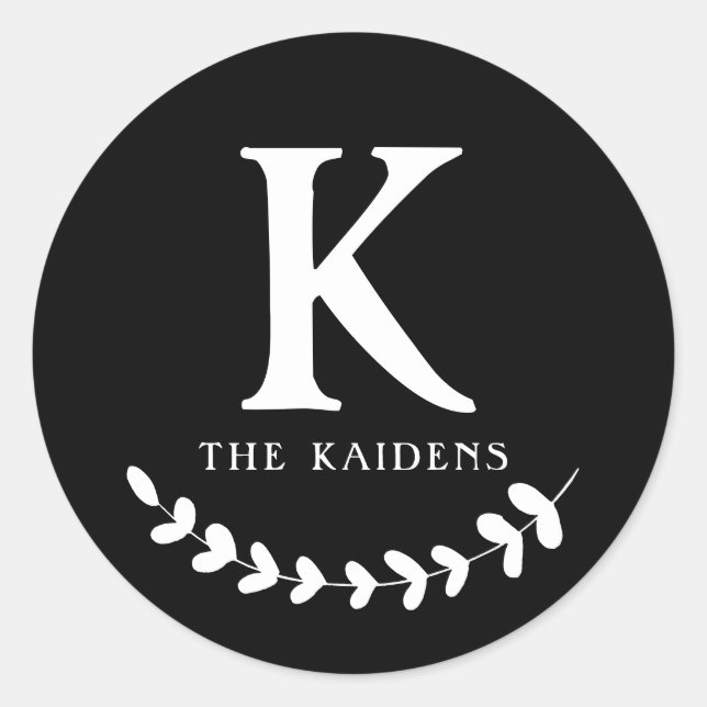 Sticker Rond Monogramme noir et blanc Nom de famille initial (Devant)