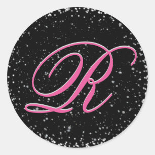 Sticker Rond Monogramme noir et rose avec des étoiles