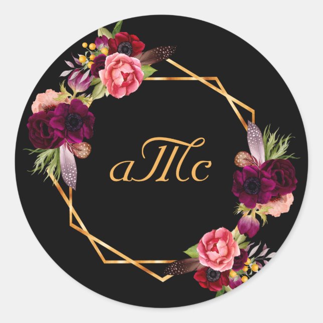 Sticker Rond monogramme noir floral mariage bordeaux initiales (Devant)