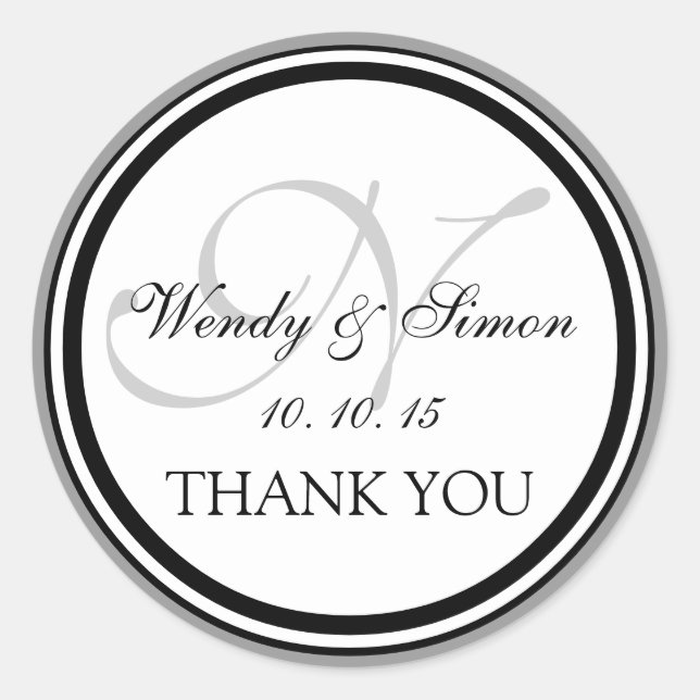 Sticker Rond Monogramme noir gris N Merci Mariage (Devant)