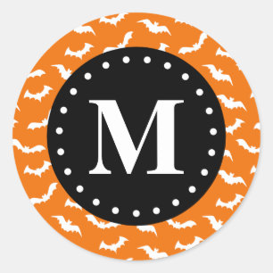 Sticker Rond Monogramme noir Motif de chaume d'Halloween orange