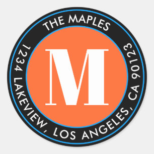 Sticker Rond Monogramme noir orange bleu en gras Adresse de ret