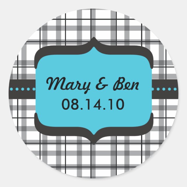 Sticker Rond Monogramme noir plaid et Mariage bleu (Devant)