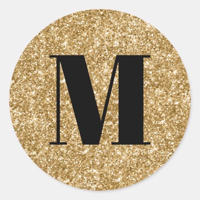 Sticker Rond Monogramme noir sur faux paillettes dorées (Devant)