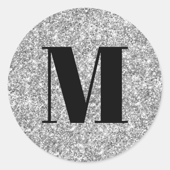 Sticker Rond Monogramme noir sur paillettes argentées fausses (Devant)
