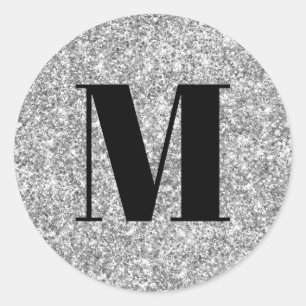 Sticker Rond Monogramme noir sur Parties scintillant argent Fau