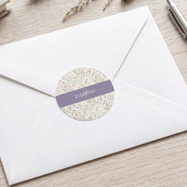 Sticker Rond Monogramme Nom Fleur Sauvage Boho Lavande Coquelic (Créateur téléchargé)