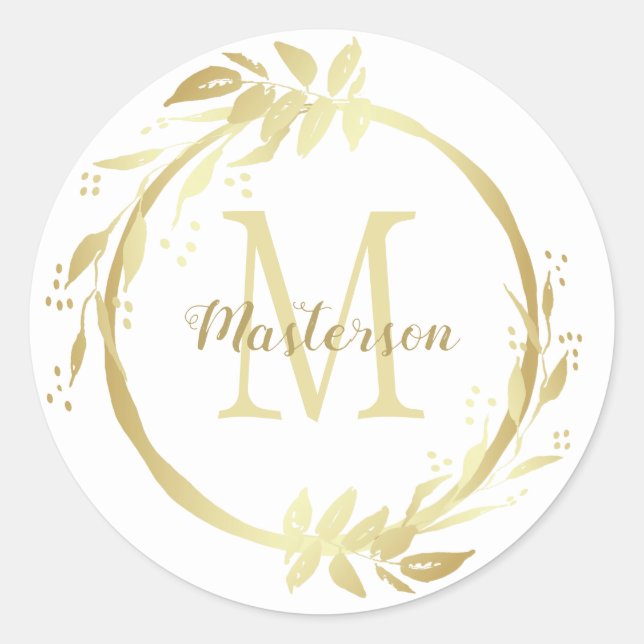 Sticker Rond Monogramme Nom Or Blanc Noel Wreath Classic (Devant)