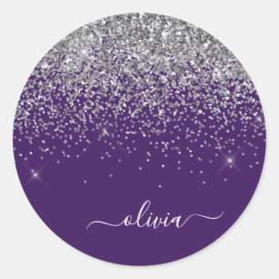 Sticker Rond Monogramme Nom Paillettes Violet Argent