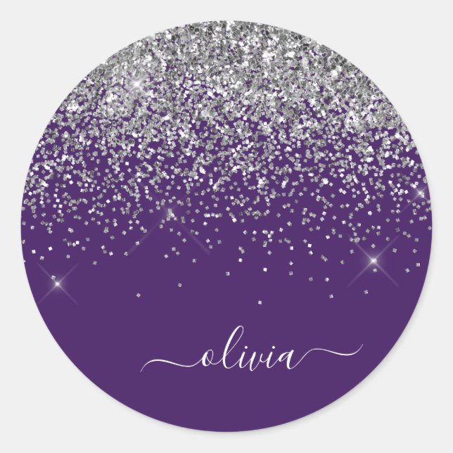 Sticker Rond Monogramme Nom Paillettes Violet Argent Féminin (Devant)