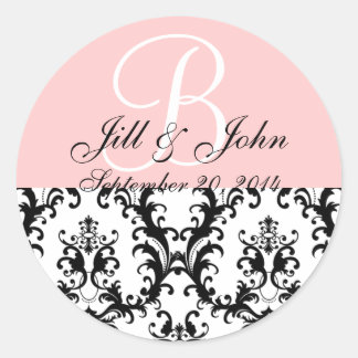 Sticker Rond Monogramme Noms Date Damask Mariage rose