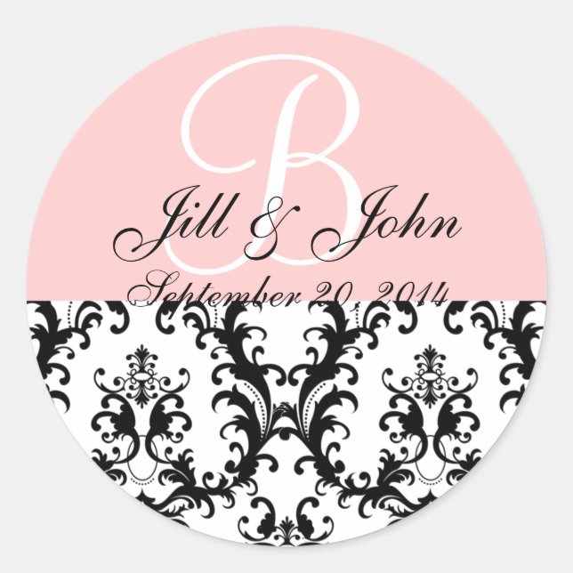 Sticker Rond Monogramme Noms Date Damask Mariage rose (Devant)