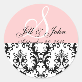 Sticker Rond Monogramme Noms Date Damask Mariage rose